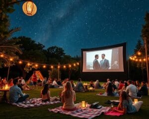 Bioscoopavond met een openluchtfilm op een idyllische locatie