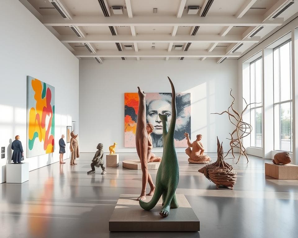 Museumbezoek aan een tentoonstelling vol moderne kunst en ideeën