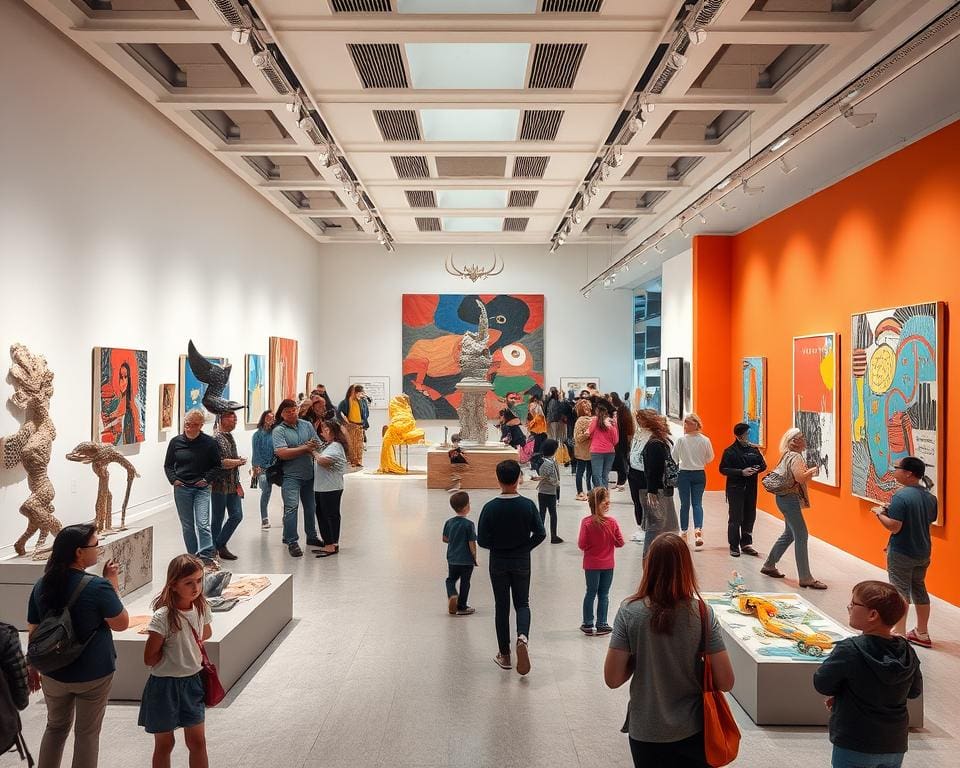 Museumbezoek aan een tentoonstelling vol moderne kunst en ideeën